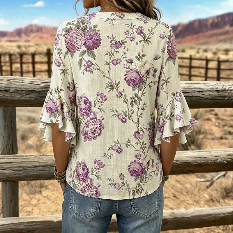 Damen Bluse mit Blumenmuster und V-Ausschnitt Jully