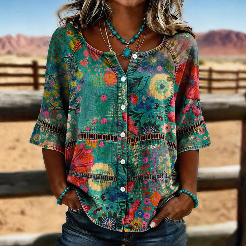 Damen Bluse mit Blumenmuster und V-Ausschnitt Jully