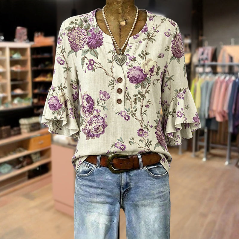 Damen Bluse mit Blumenmuster und V-Ausschnitt Jully