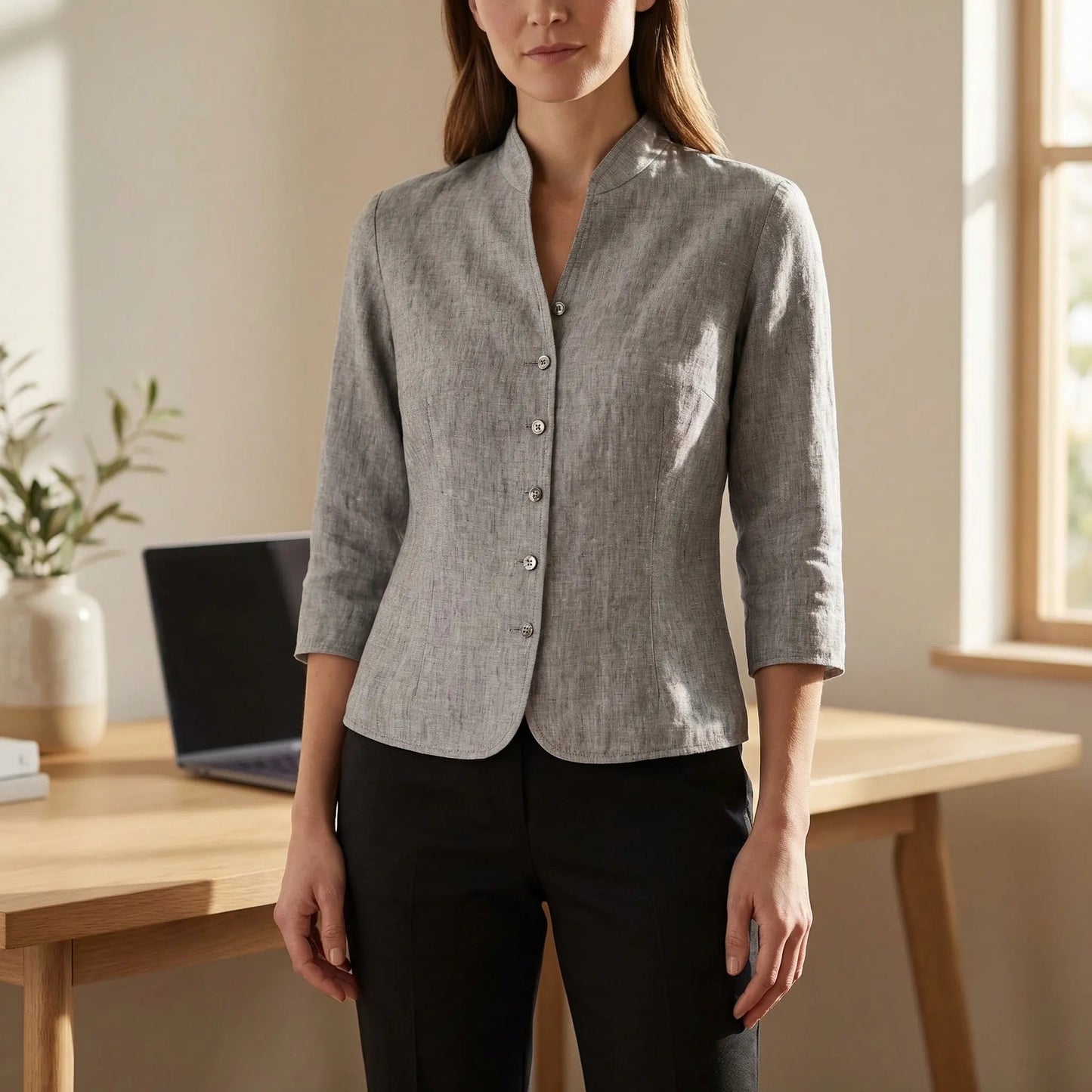 Damen Bluse mit Dreiviertelärmeln und Stehkragen Jully