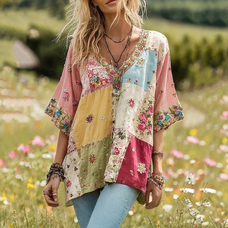 Damen Bluse mit Farbblock und V-Ausschnitt Jully
