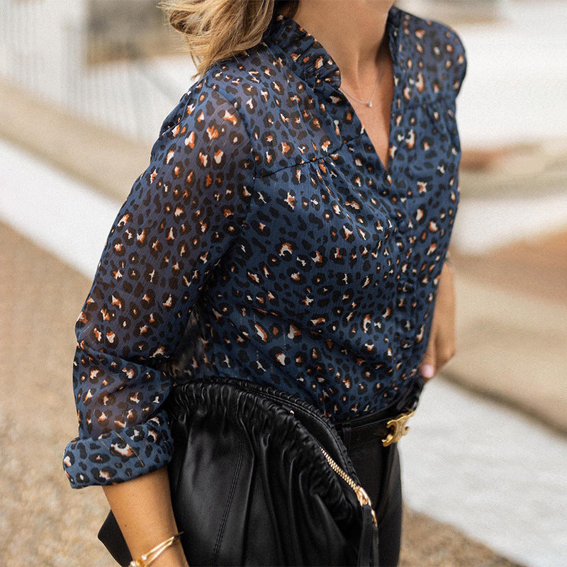 Damen Bluse mit Leopardenmuster und Rüschenkragen Jully