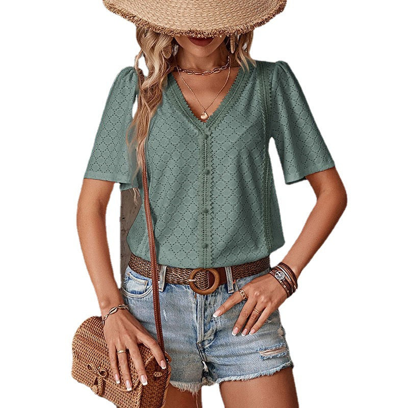 Damen Bluse mit Lochmuster und V-Ausschnitt Jully
