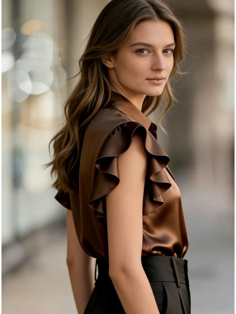 Damen Bluse mit Rüschenbesatz aus Satin Jully