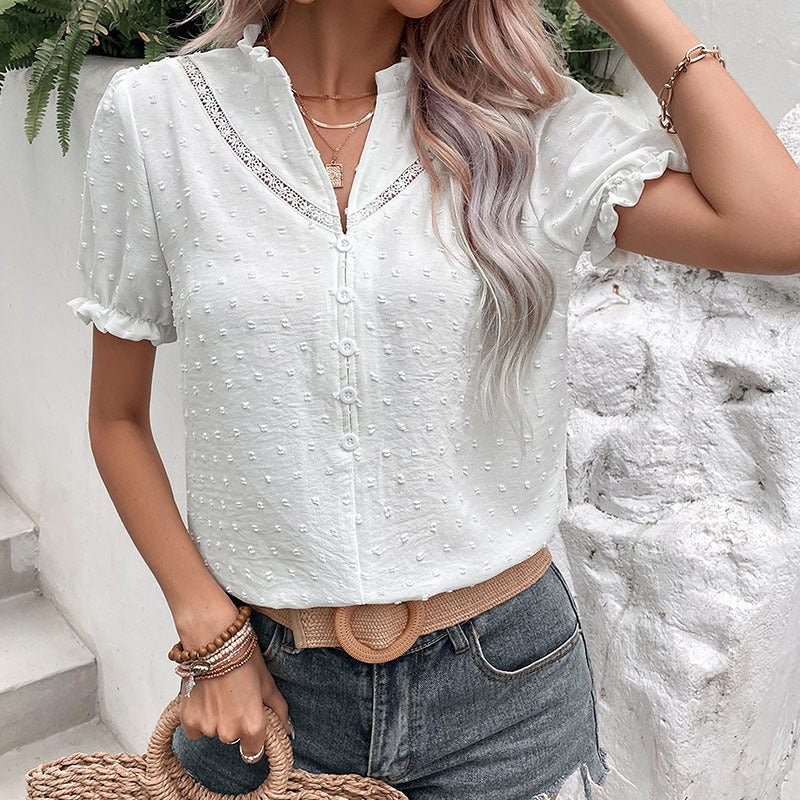 Damen Bluse mit Spitzenbesatz und Knopfdetails Jully