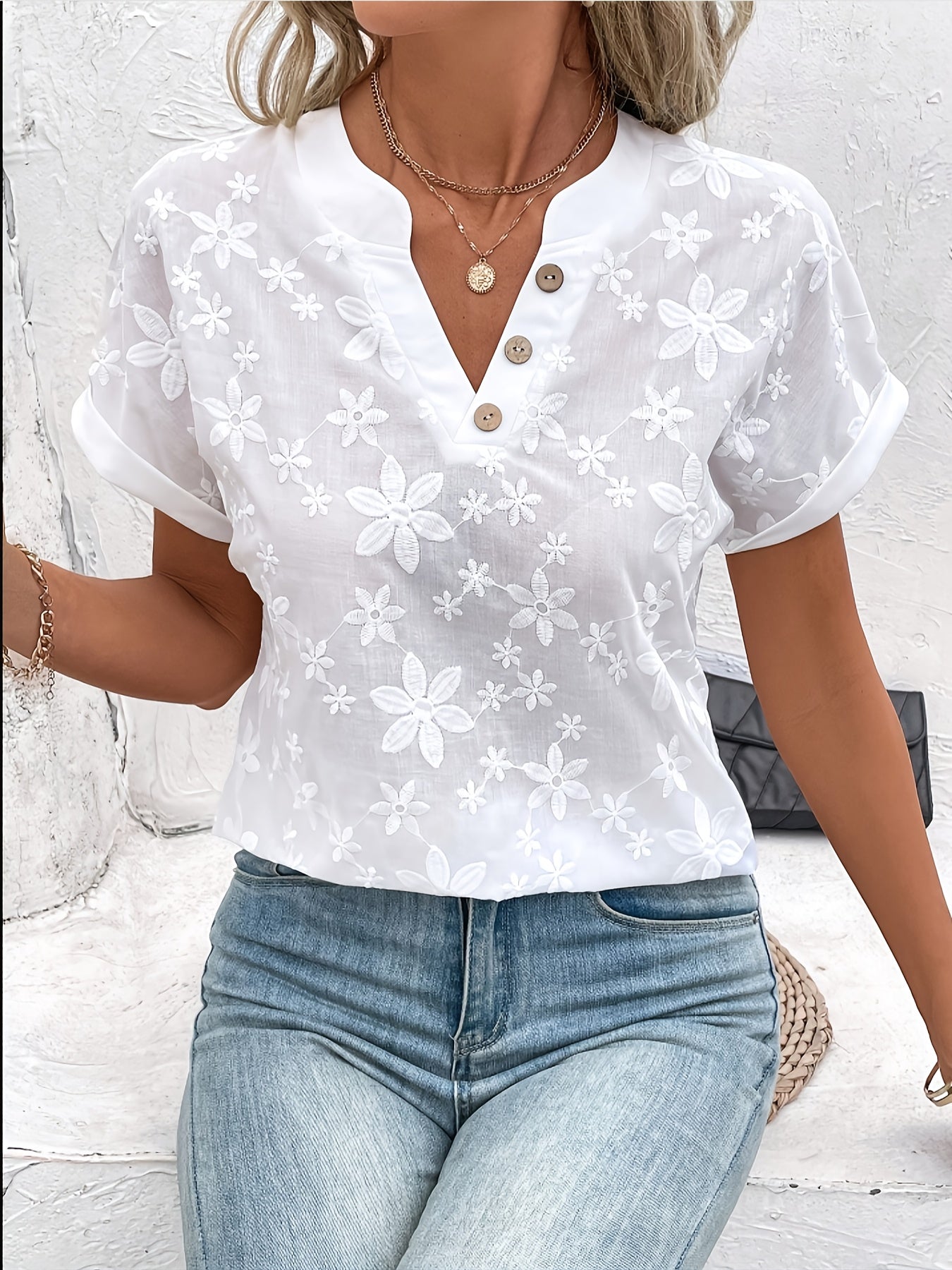 Damen Bluse mit V-Ausschnitt und Blumendruck Jully