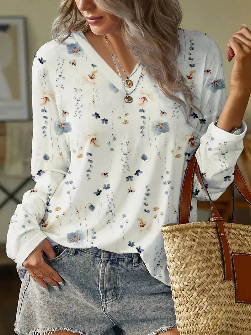 Damen Bluse mit V-Ausschnitt und Blumenmuster Jully