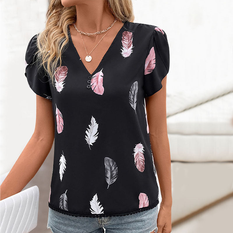 Damen Bluse mit romantischem Federmuster und V-Ausschnitt Jully