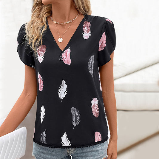 Damen Bluse mit romantischem Federmuster und V-Ausschnitt Jully
