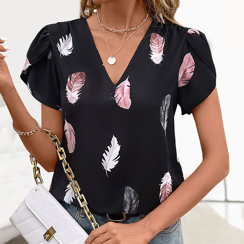 Damen Bluse mit romantischem Federmuster und V-Ausschnitt Jully