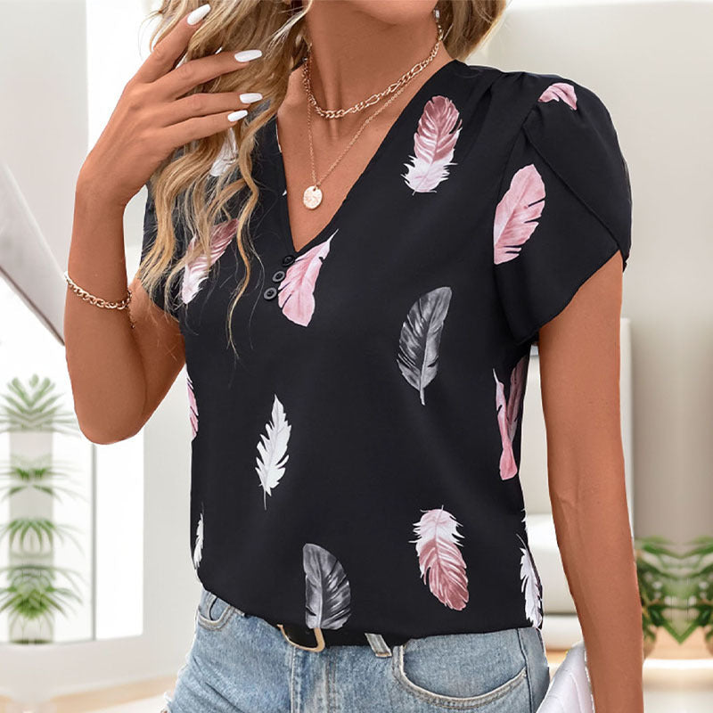 Damen Bluse mit romantischem Federmuster und V-Ausschnitt Jully