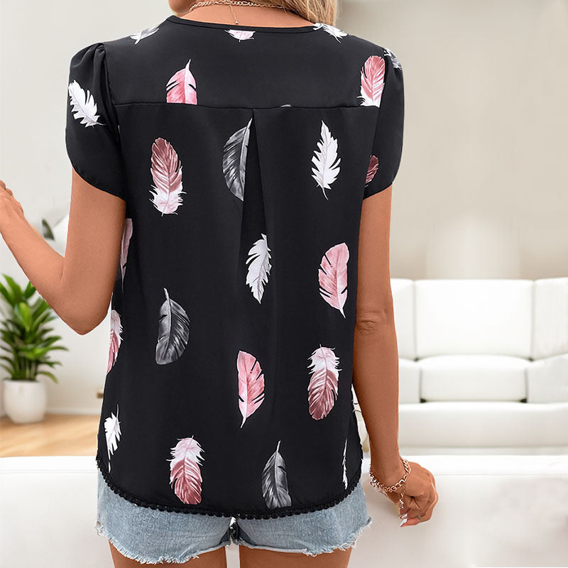 Damen Bluse mit romantischem Federmuster und V-Ausschnitt Jully