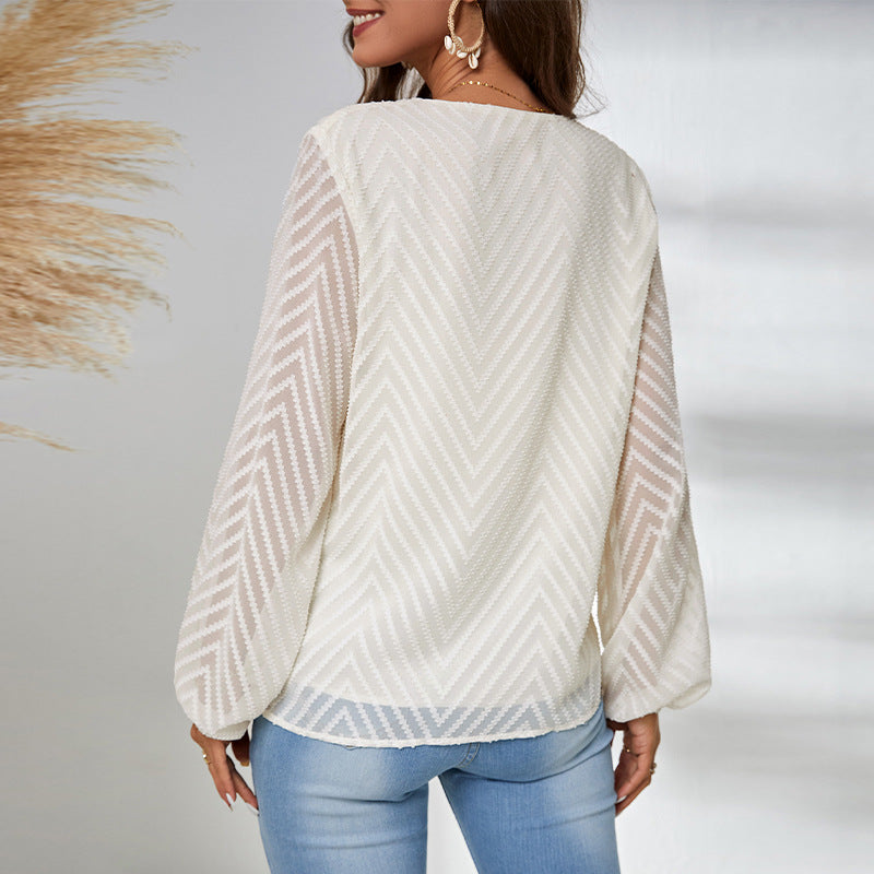 Damen Bluse mit transparenten Ärmeln und V-Ausschnitt Jully