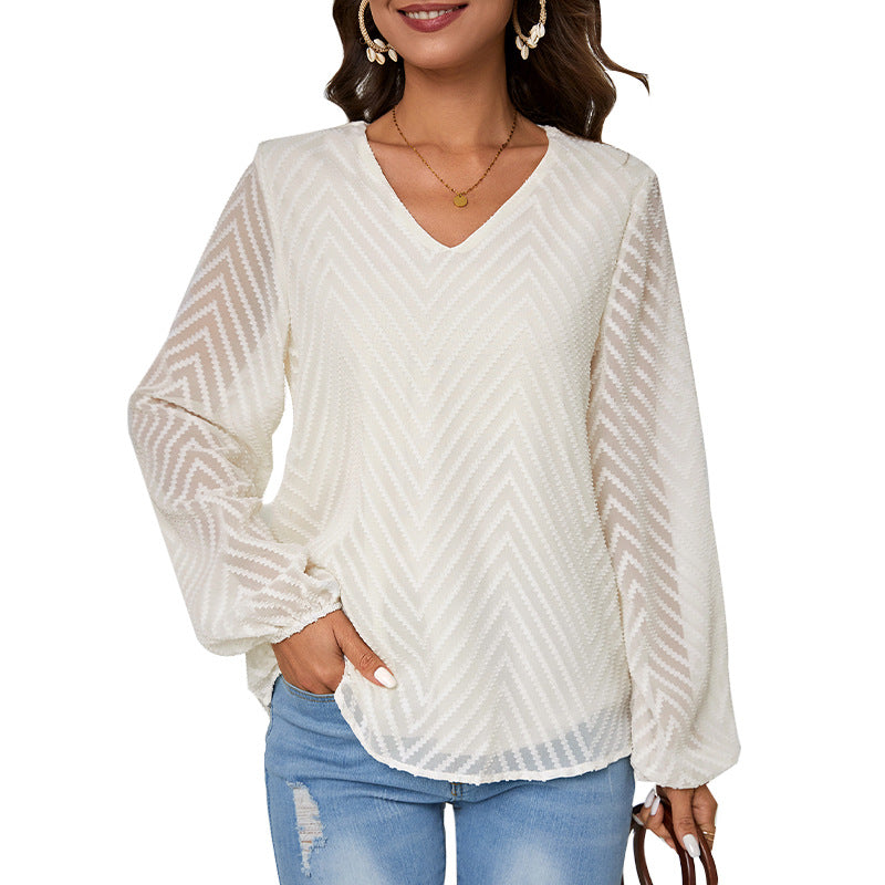 Damen Bluse mit transparenten Ärmeln und V-Ausschnitt Jully