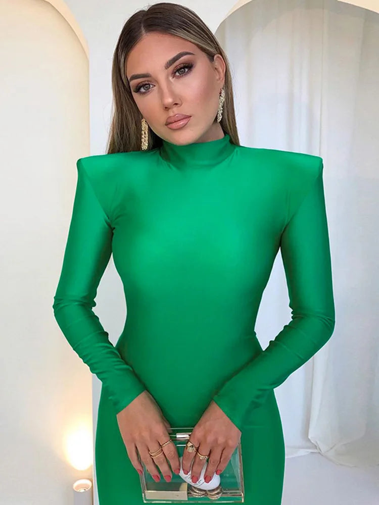 Damen Bodycon Kleid mit Schulterpolstern in Grün Jully