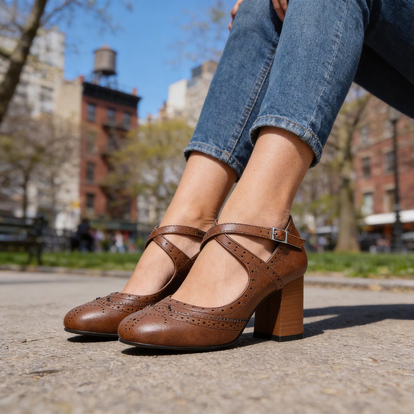 Damen Brogue-Loafer aus Glattleder mit hohem Blockabsatz Jully