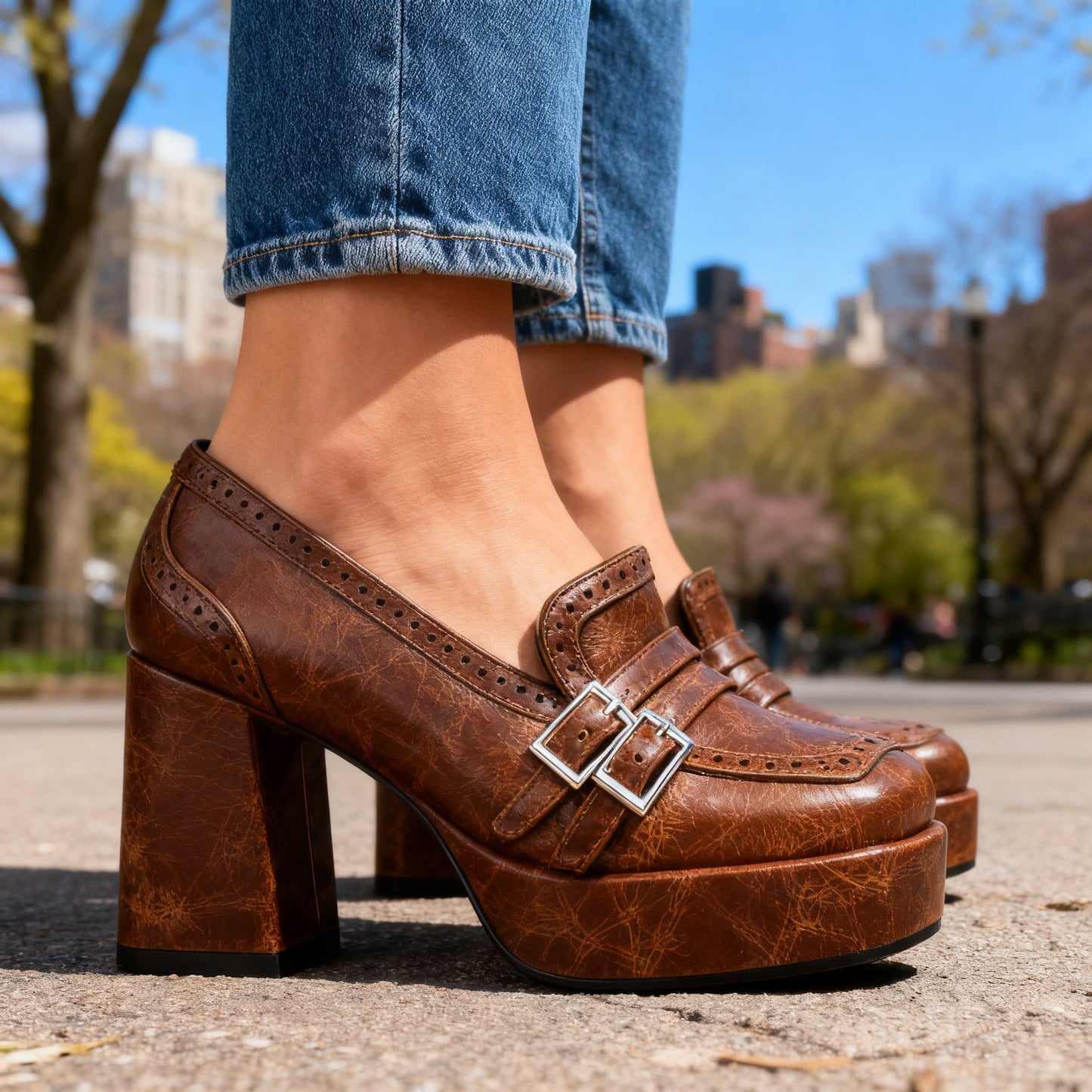 Damen Brogue-Loafer mit Blockabsatz aus Leder Jully