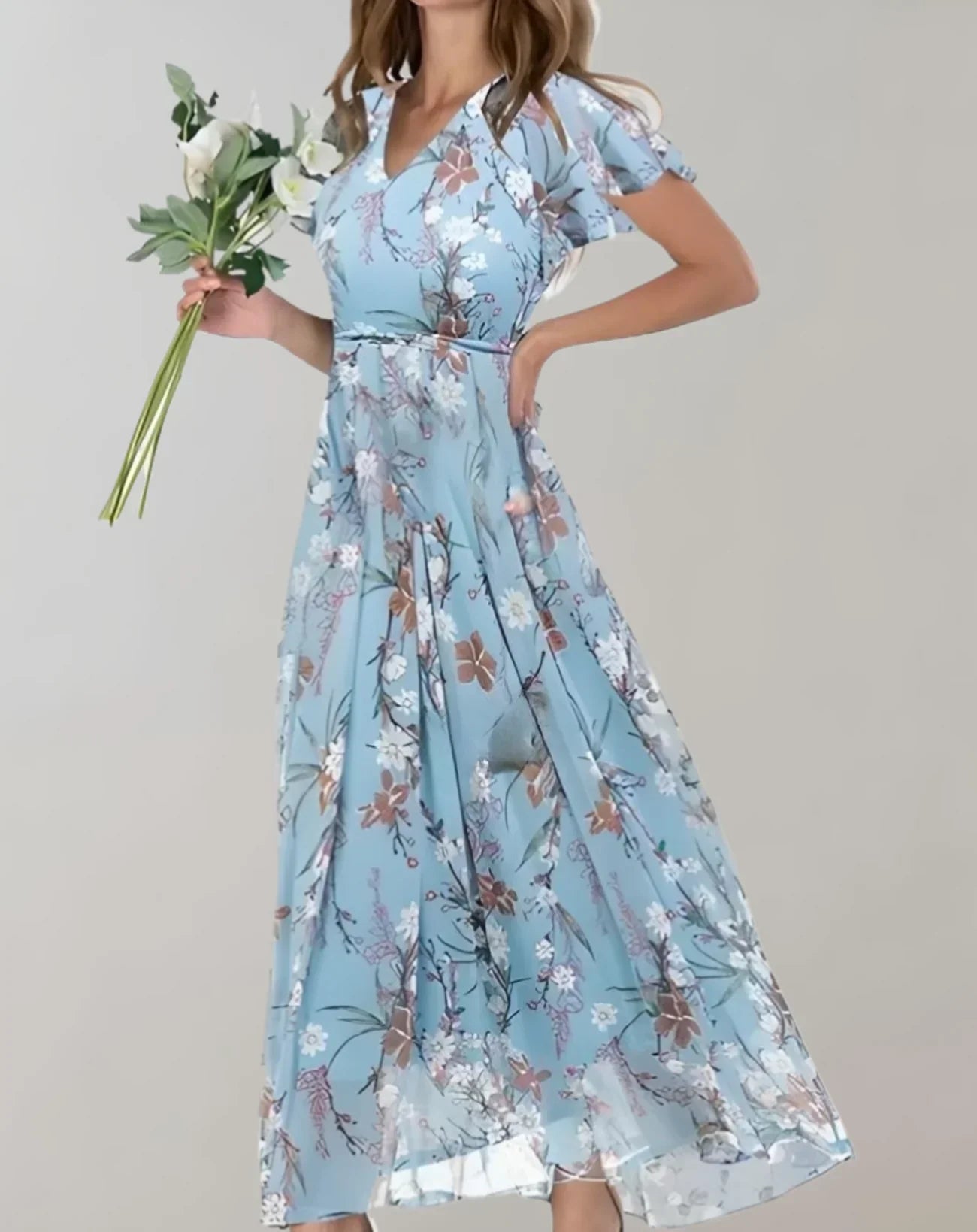 Damen Chiffonkleid mit Blumenmuster und V-Ausschnitt Jully
