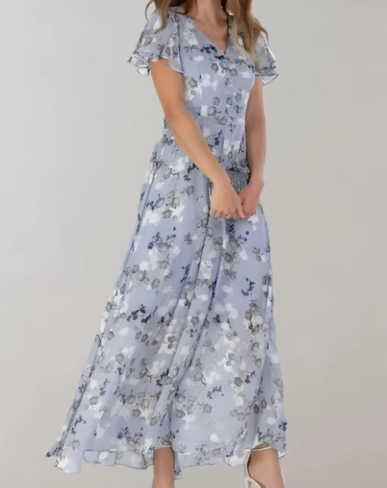 Damen Chiffonkleid mit Blumenmuster und V-Ausschnitt Jully