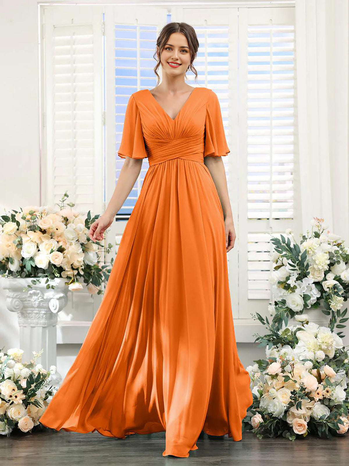 Damen Chiffonkleid mit V-Ausschnitt und hohem Schlitz Jully