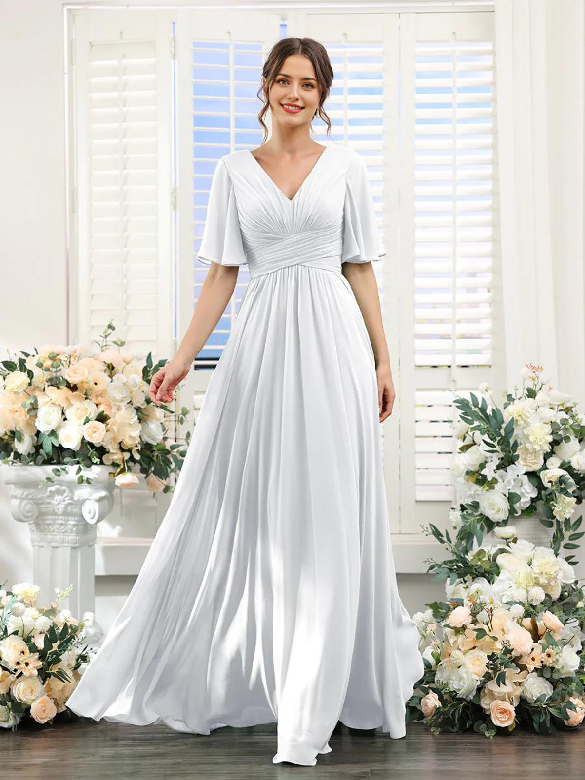 Damen Chiffonkleid mit V-Ausschnitt und hohem Schlitz Jully