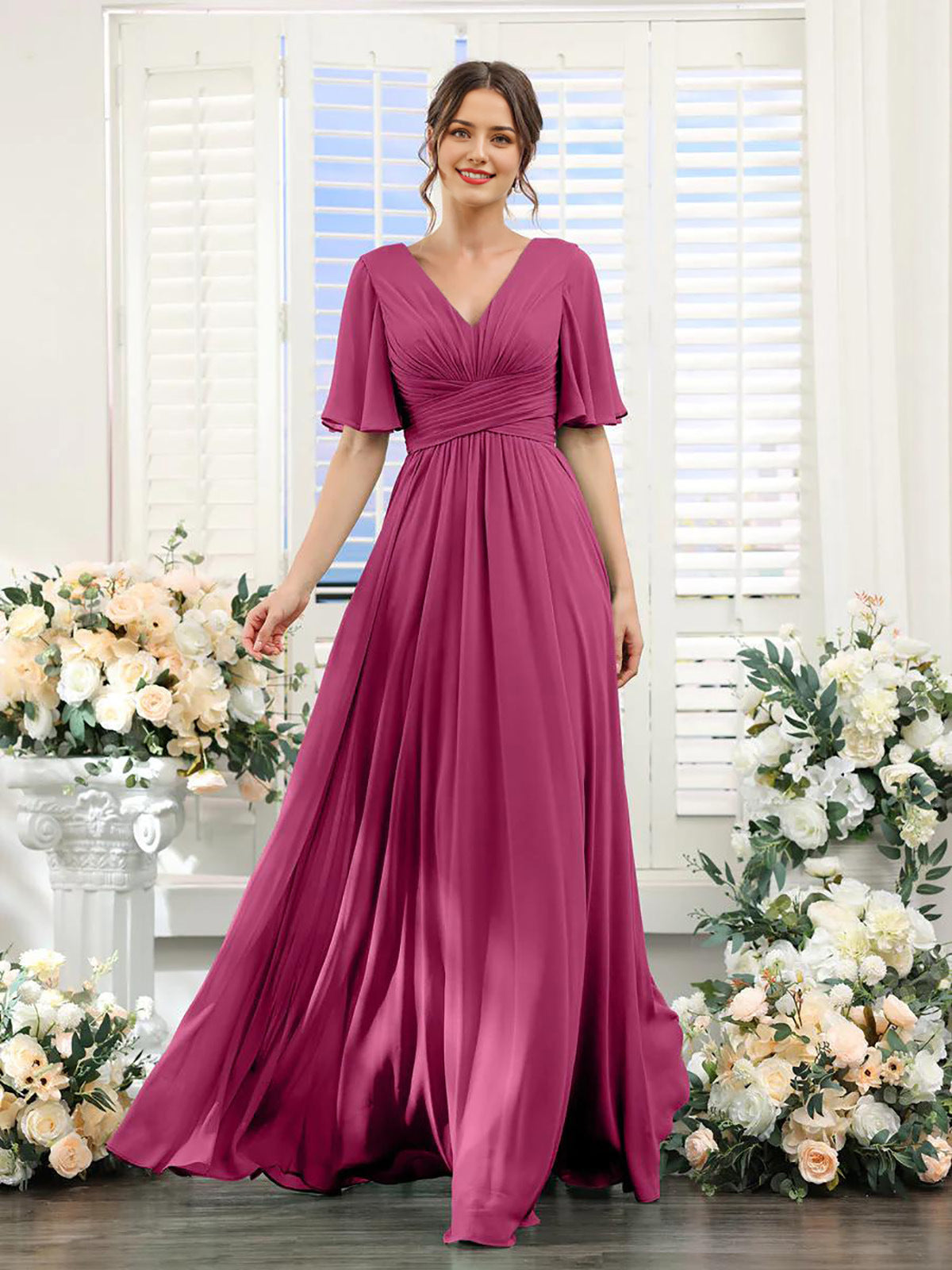 Damen Chiffonkleid mit V-Ausschnitt und hohem Schlitz Jully