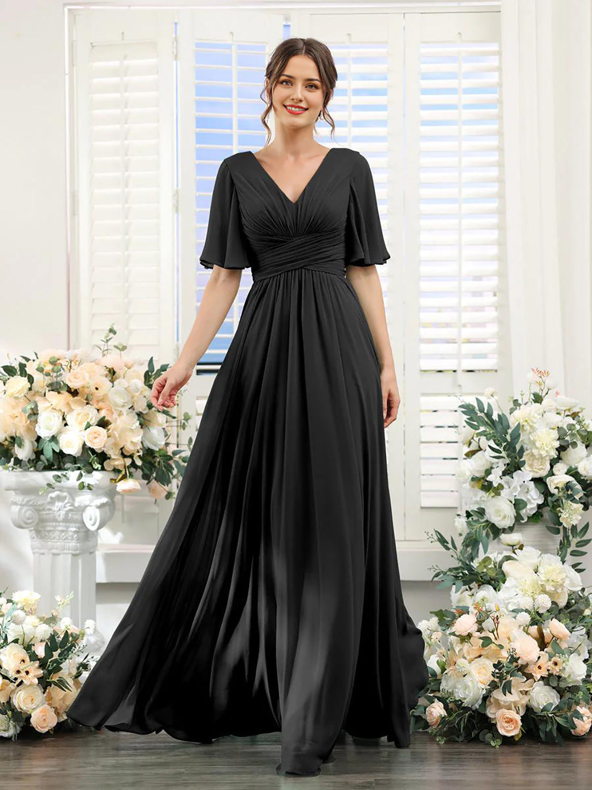 Damen Chiffonkleid mit V-Ausschnitt und hohem Schlitz Jully