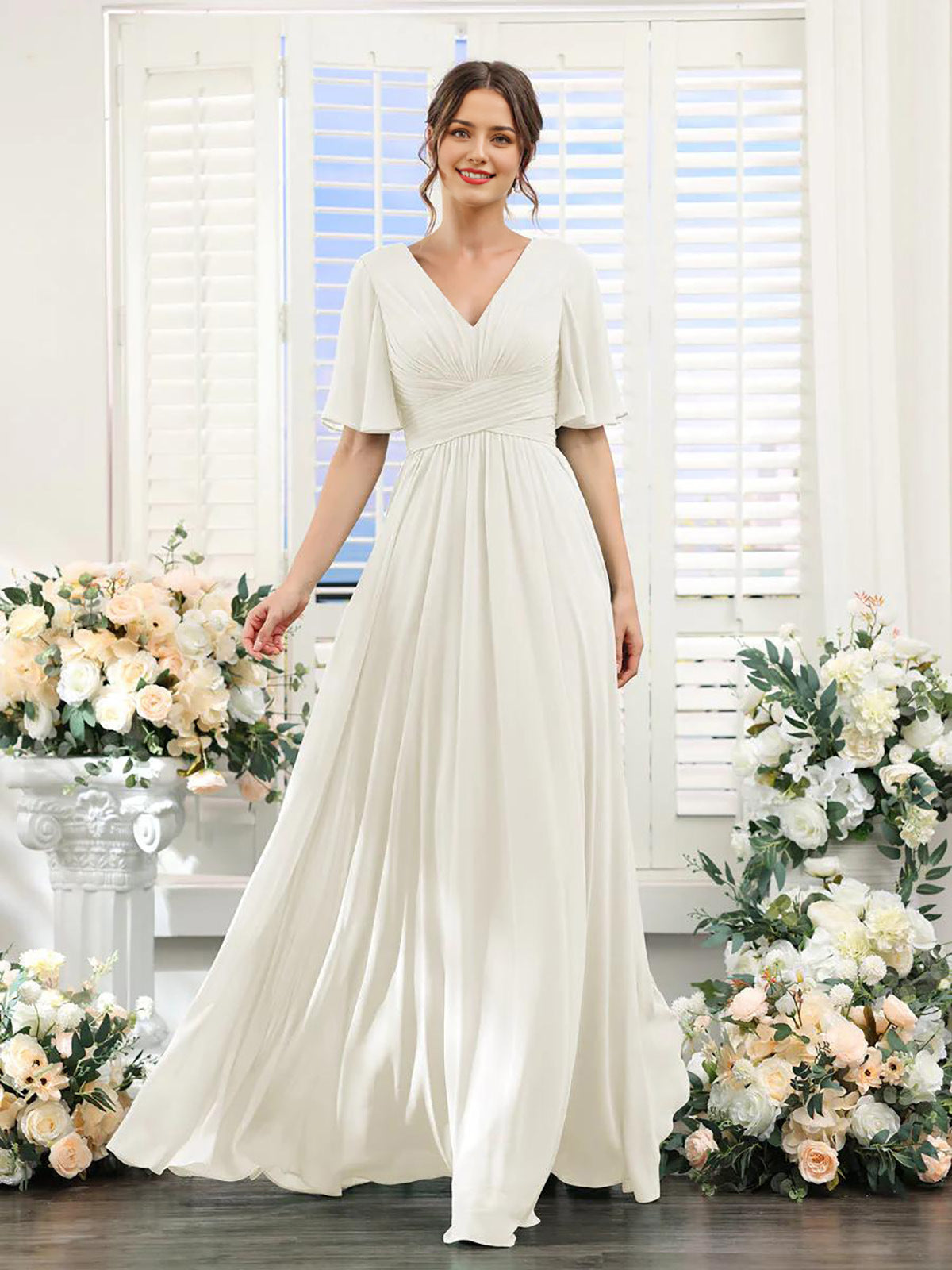 Damen Chiffonkleid mit V-Ausschnitt und hohem Schlitz Jully