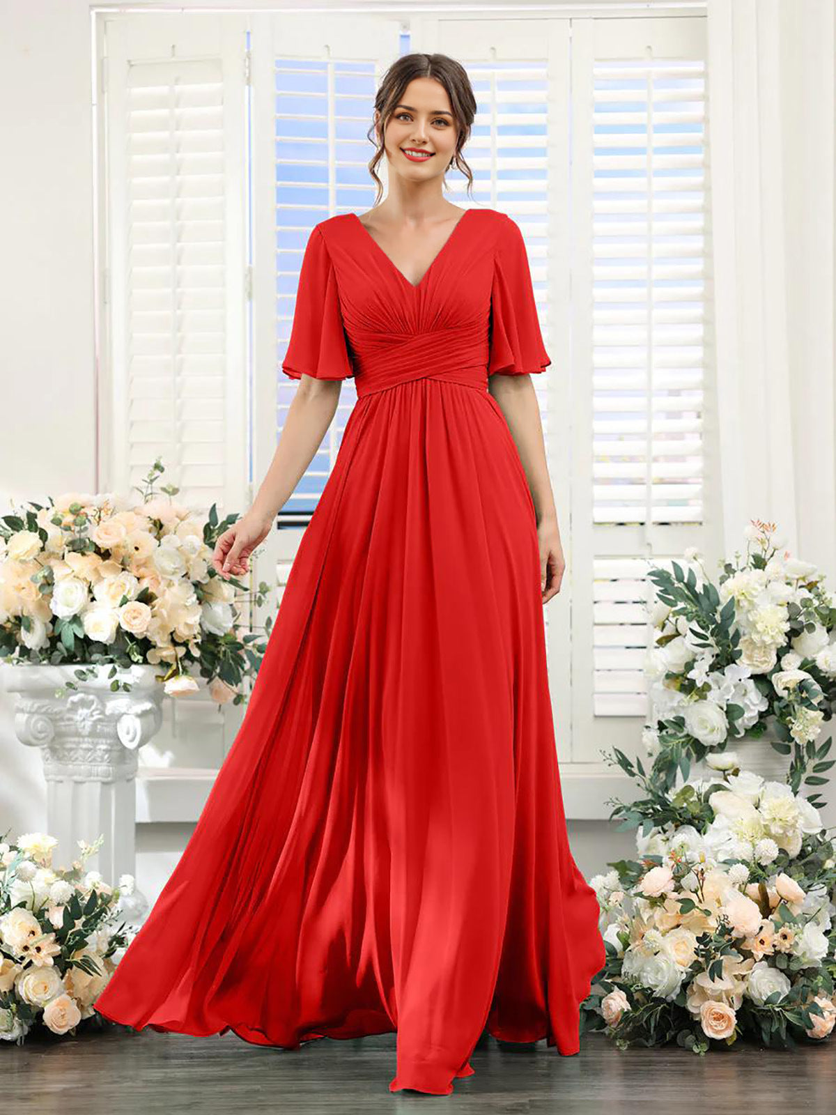Damen Chiffonkleid mit V-Ausschnitt und hohem Schlitz Jully