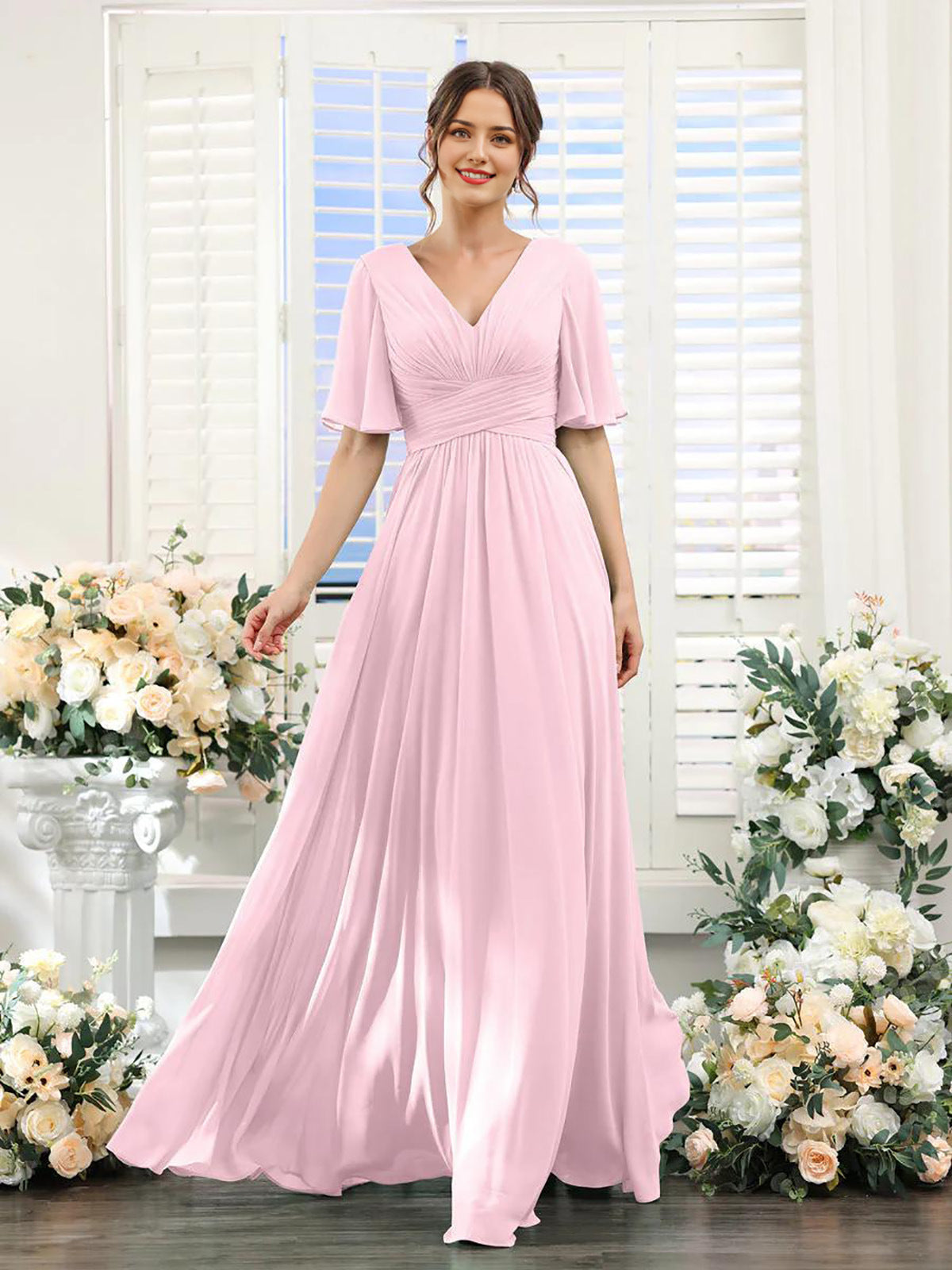 Damen Chiffonkleid mit V-Ausschnitt und hohem Schlitz Jully