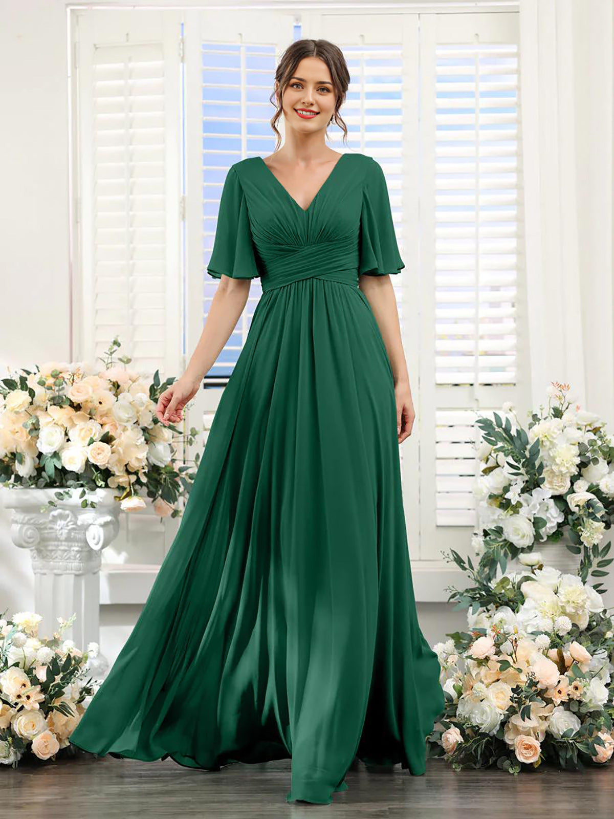 Damen Chiffonkleid mit V-Ausschnitt und hohem Schlitz Jully