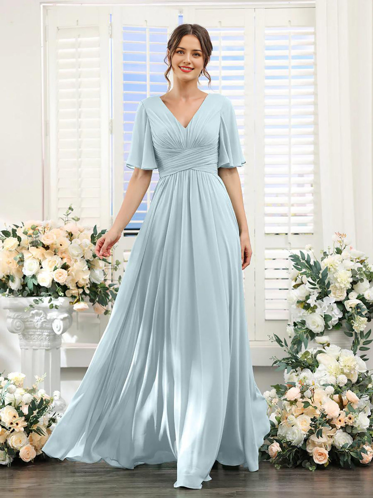 Damen Chiffonkleid mit V-Ausschnitt und hohem Schlitz Jully