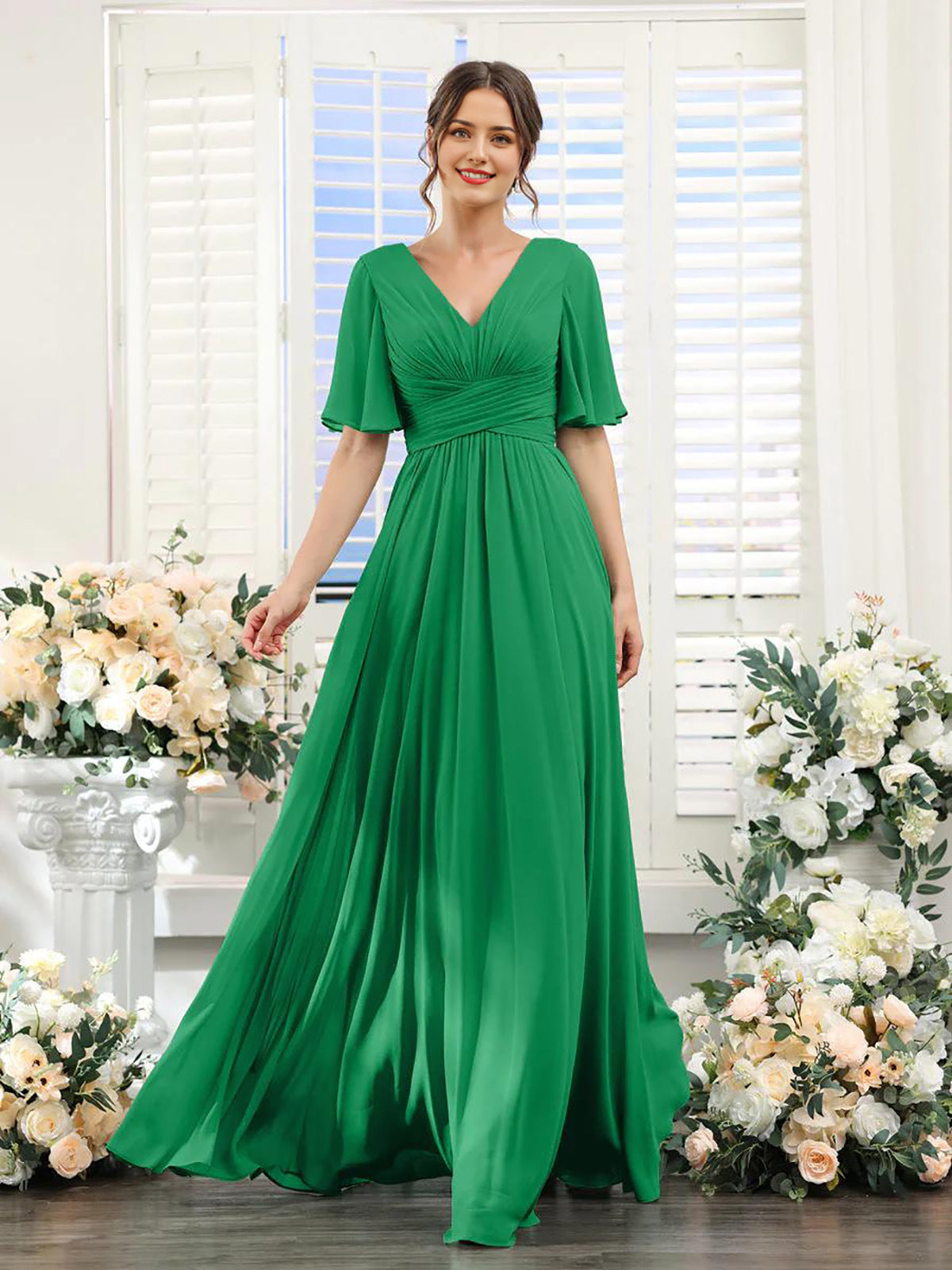 Damen Chiffonkleid mit V-Ausschnitt und hohem Schlitz Jully