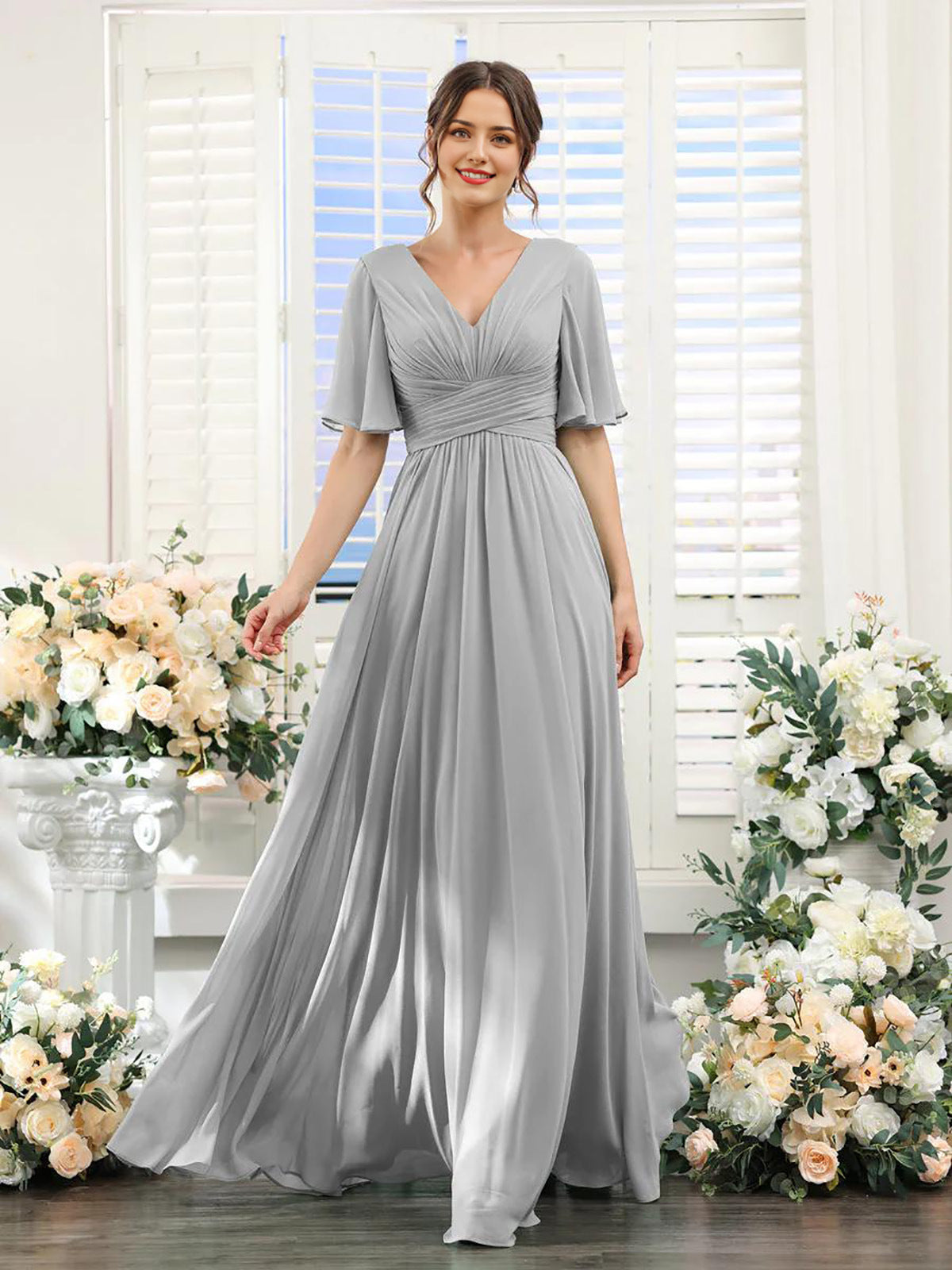 Damen Chiffonkleid mit V-Ausschnitt und hohem Schlitz Jully