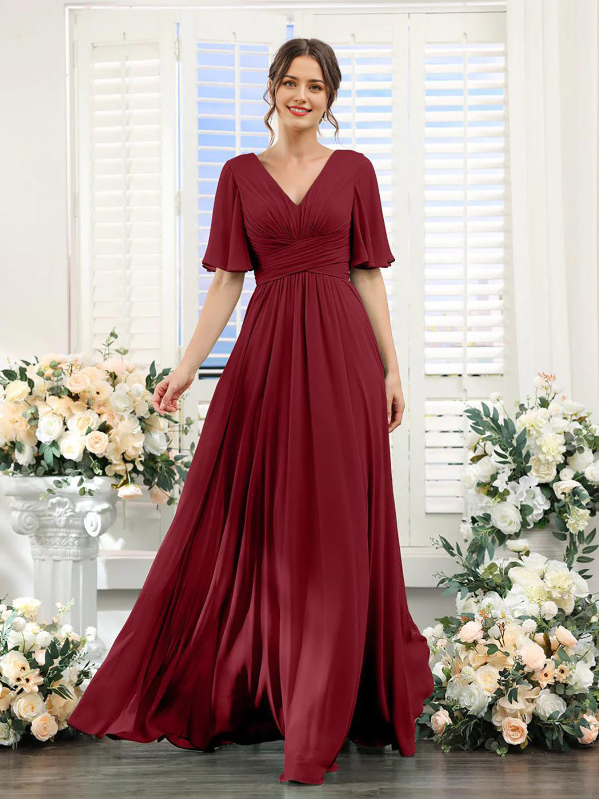 Damen Chiffonkleid mit V-Ausschnitt und hohem Schlitz Jully