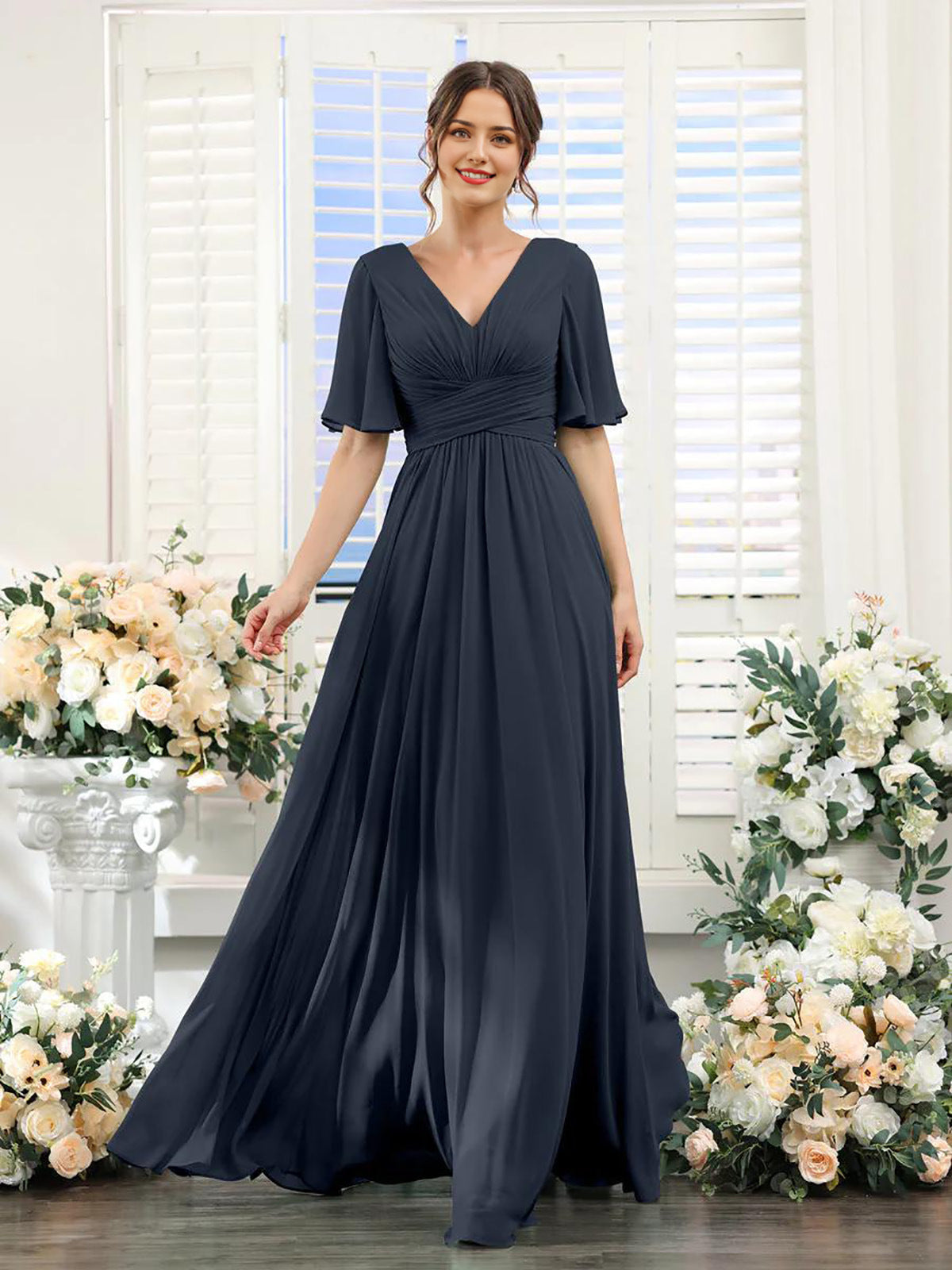 Damen Chiffonkleid mit V-Ausschnitt und hohem Schlitz Jully