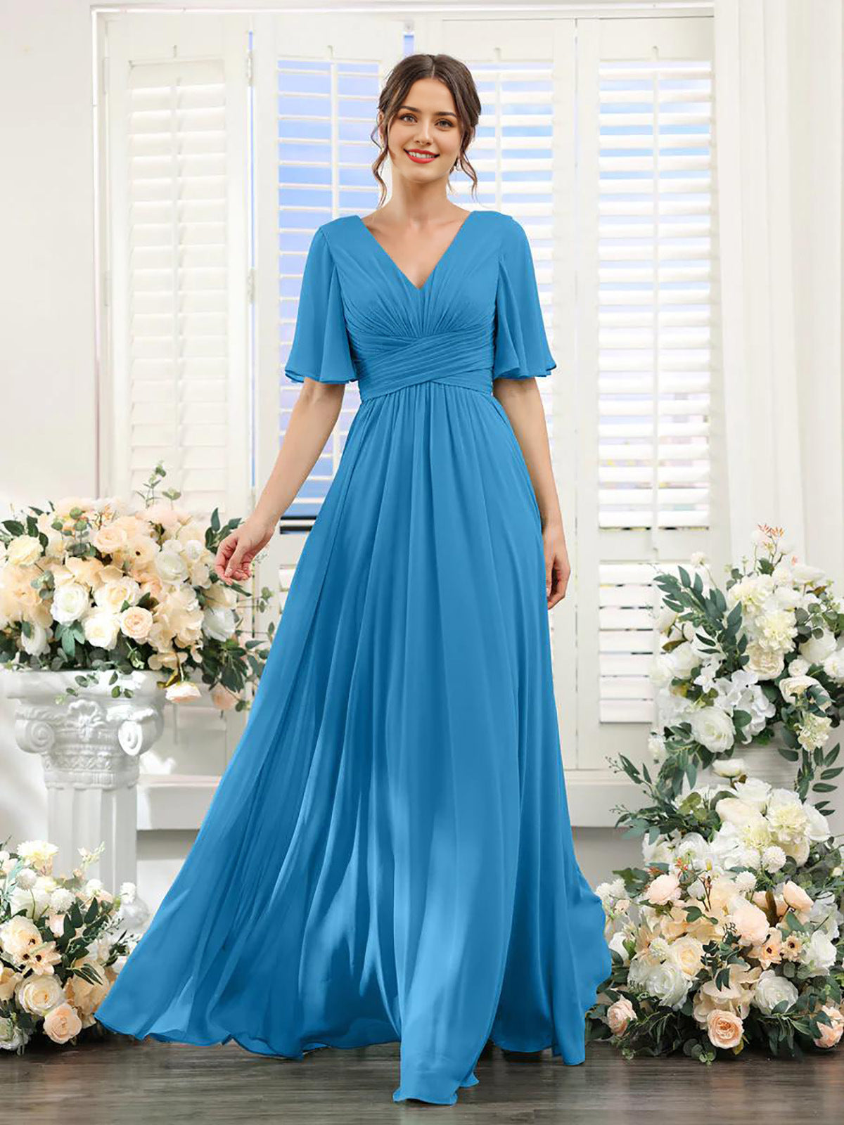 Damen Chiffonkleid mit V-Ausschnitt und hohem Schlitz Jully