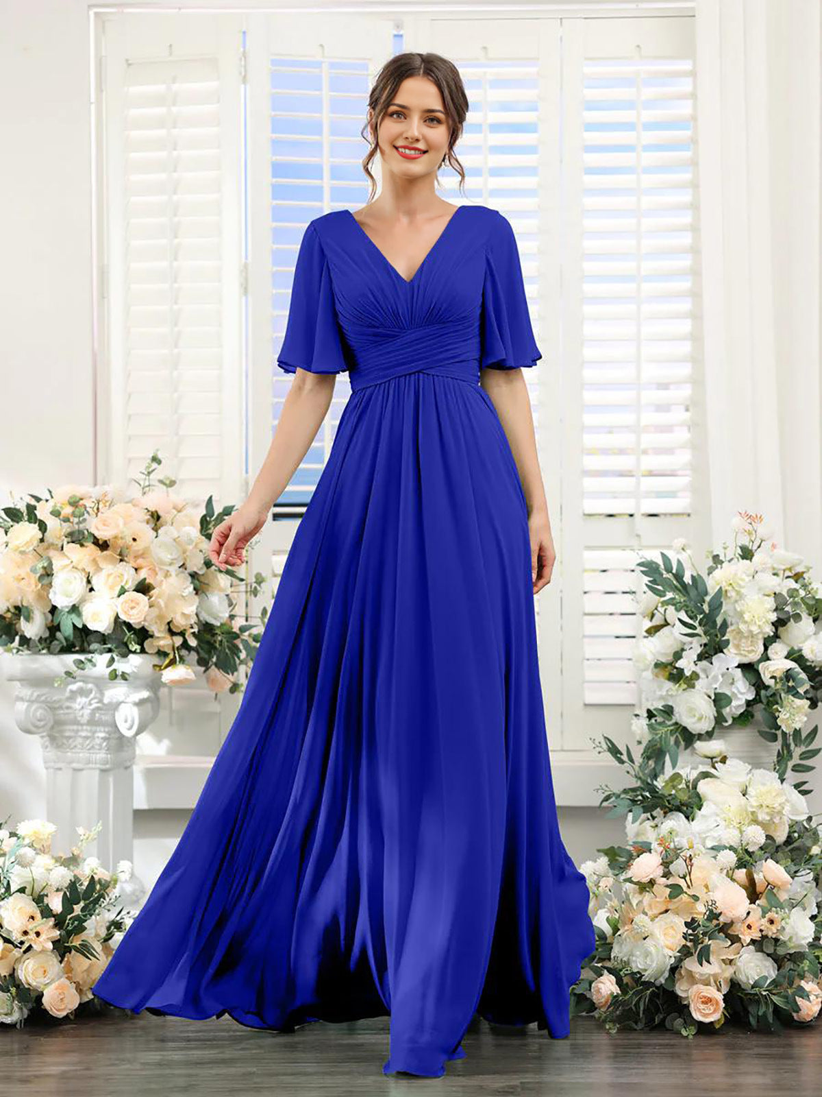 Damen Chiffonkleid mit V-Ausschnitt und hohem Schlitz Jully