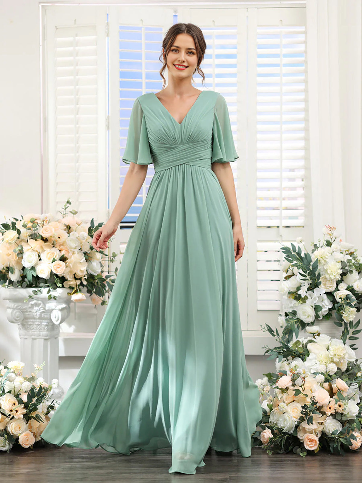 Damen Chiffonkleid mit V-Ausschnitt und hohem Schlitz Jully