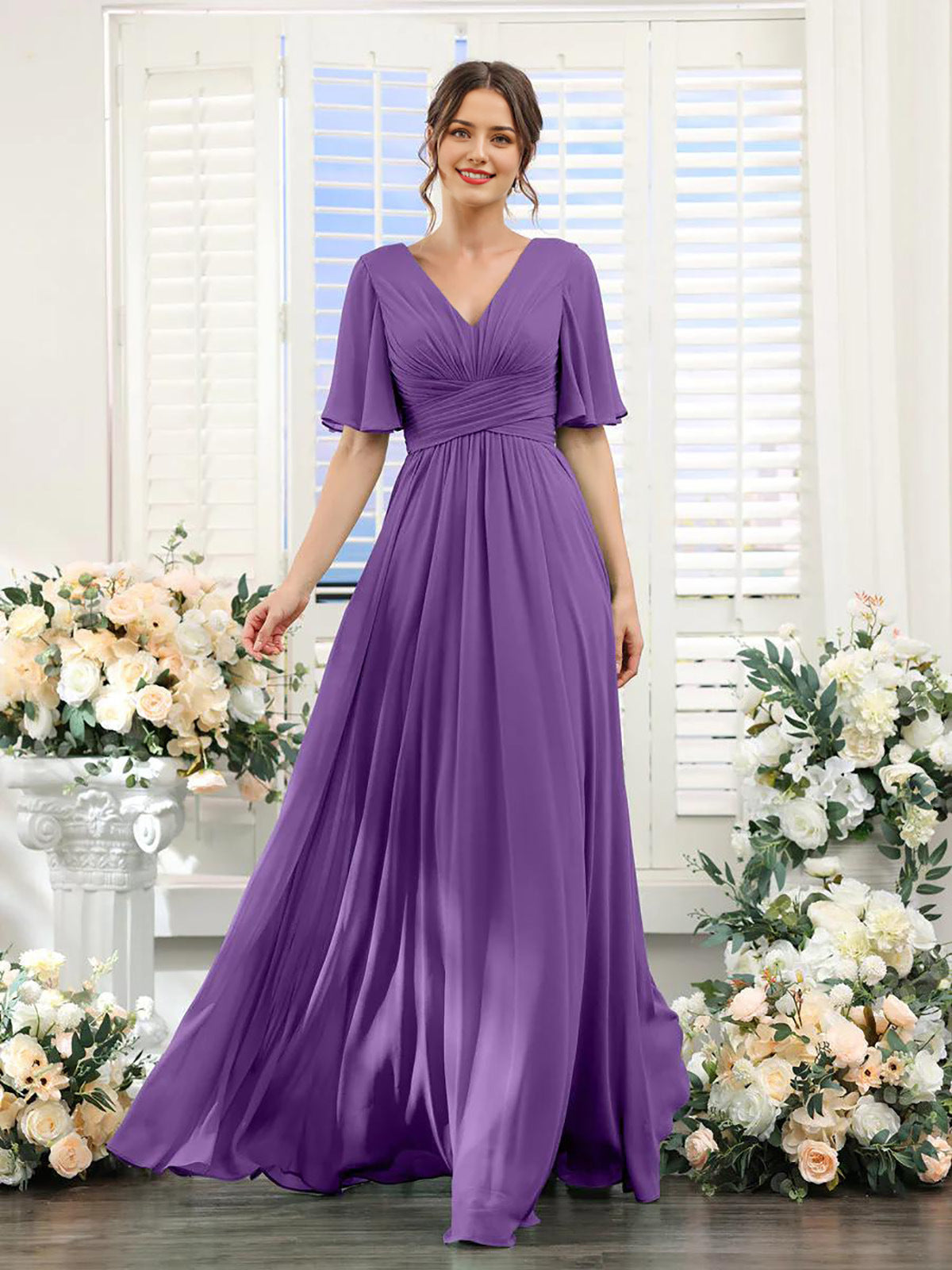 Damen Chiffonkleid mit V-Ausschnitt und hohem Schlitz Jully