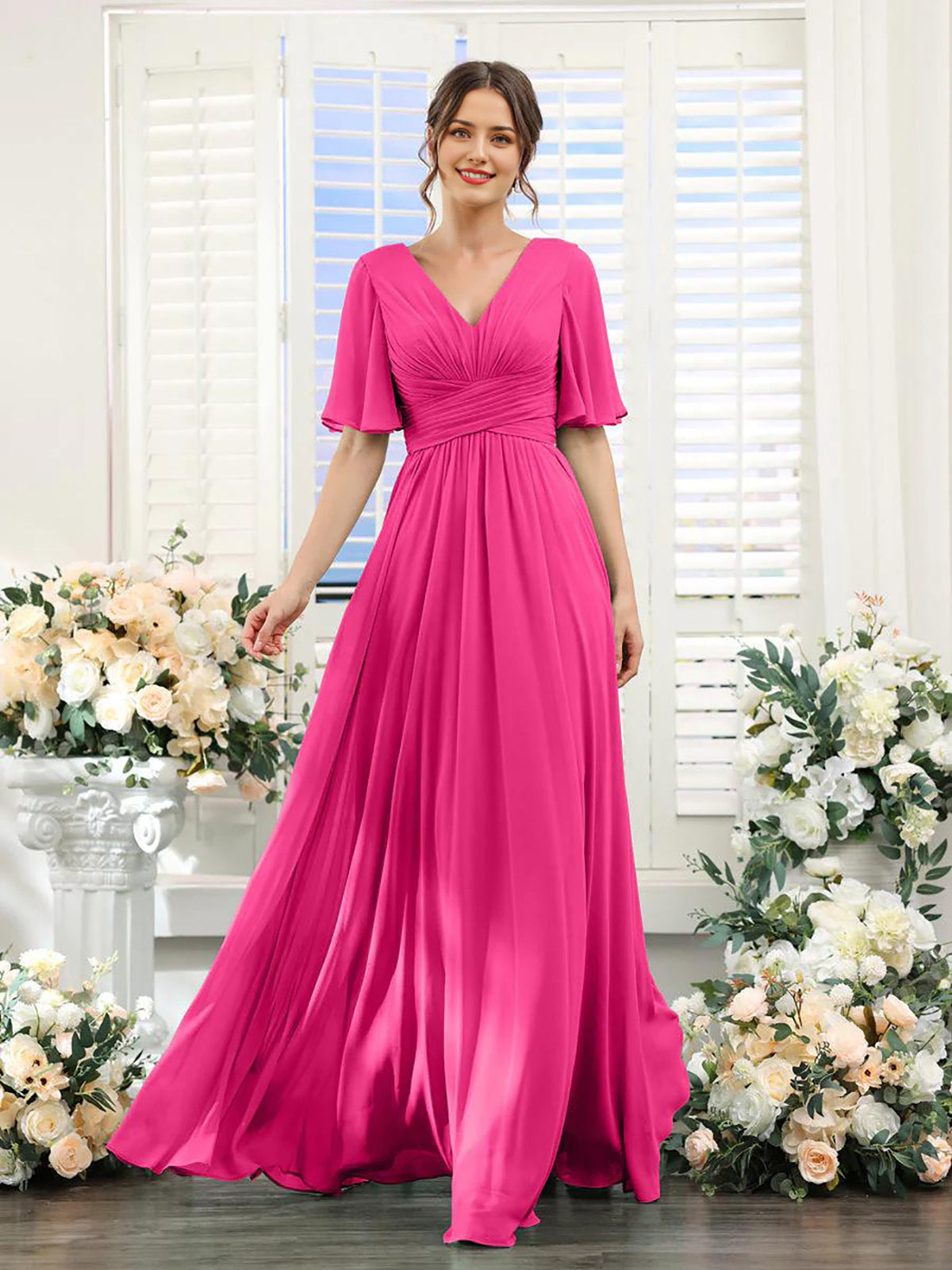 Damen Chiffonkleid mit V-Ausschnitt und hohem Schlitz Jully