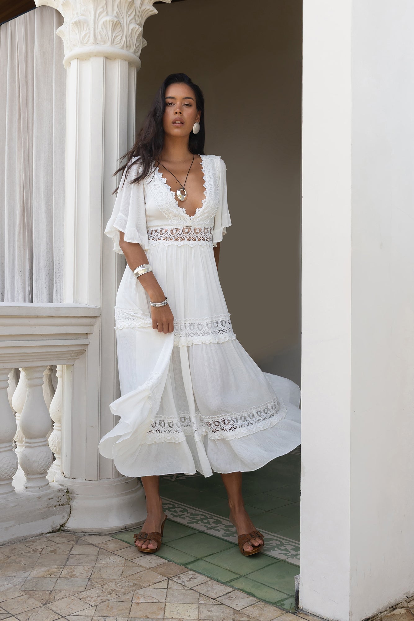 Damen Cowboy-Midikleid mit V-Ausschnitt und Rüschen Jully