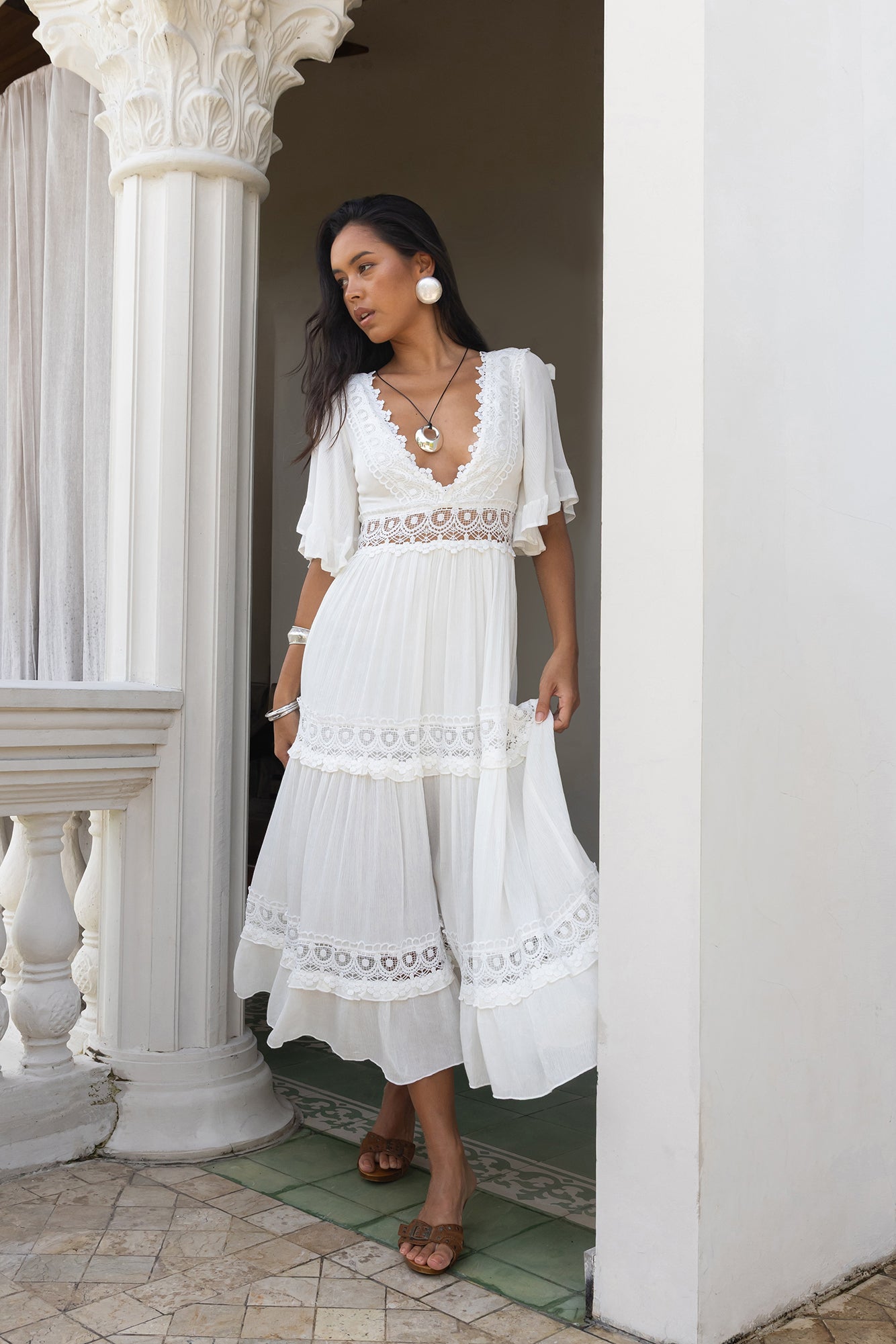 Damen Cowboy-Midikleid mit V-Ausschnitt und Rüschen Jully