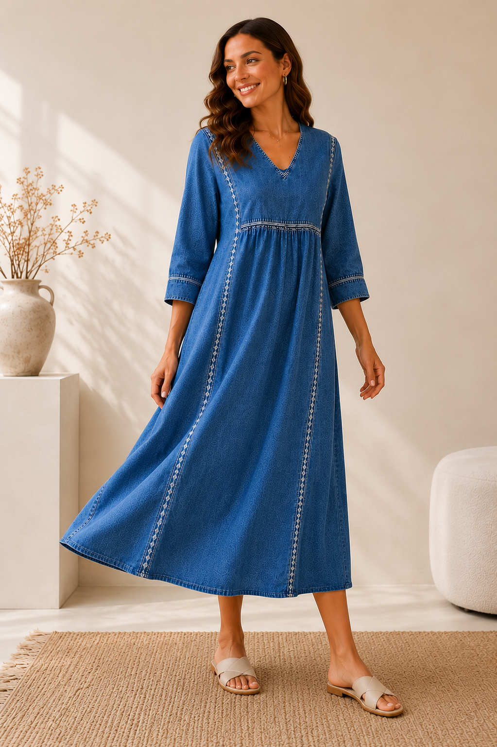 Damen Denimkleid mit langen Ärmeln und seitlichen Taschen Jully