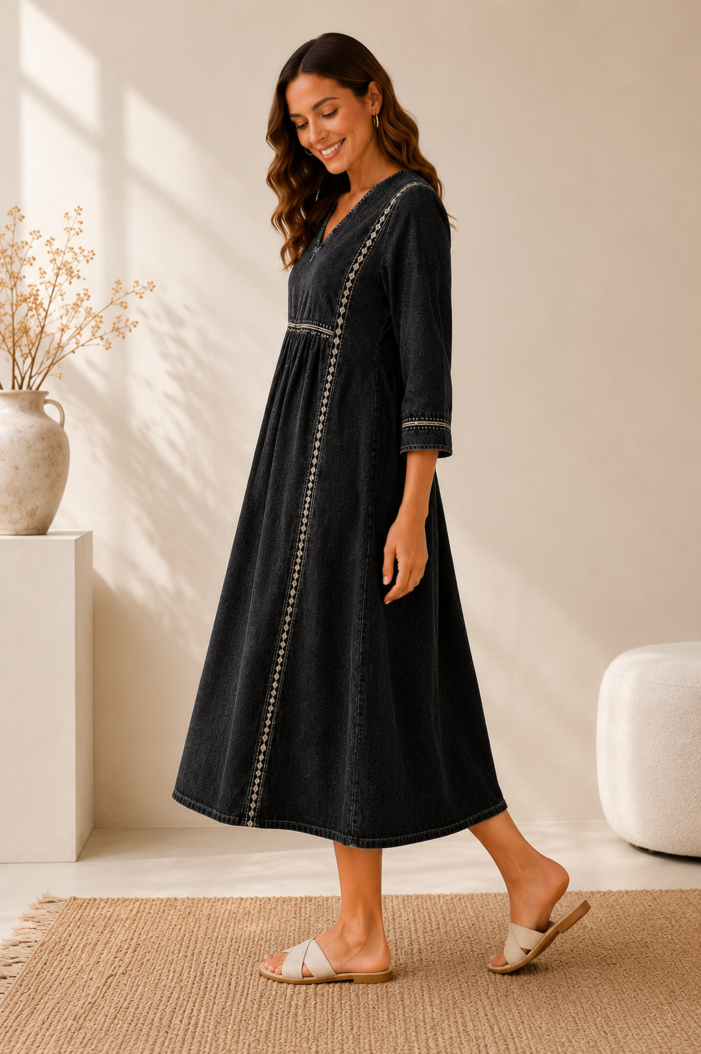 Damen Denimkleid mit langen Ärmeln und seitlichen Taschen Jully