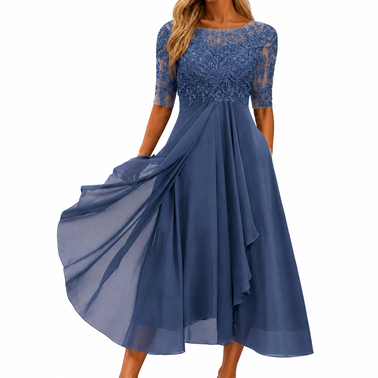 Damen Festkleid aus Spitze mit fließendem Chiffonrock Jully