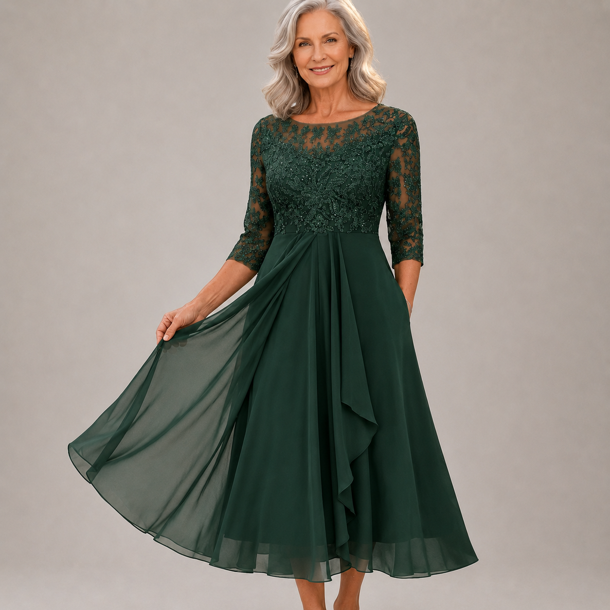 Damen Festkleid aus Spitze mit fließendem Chiffonrock Jully