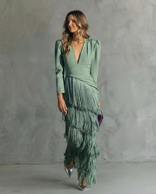 Damen Fransenkleid mit V-Ausschnitt Jully