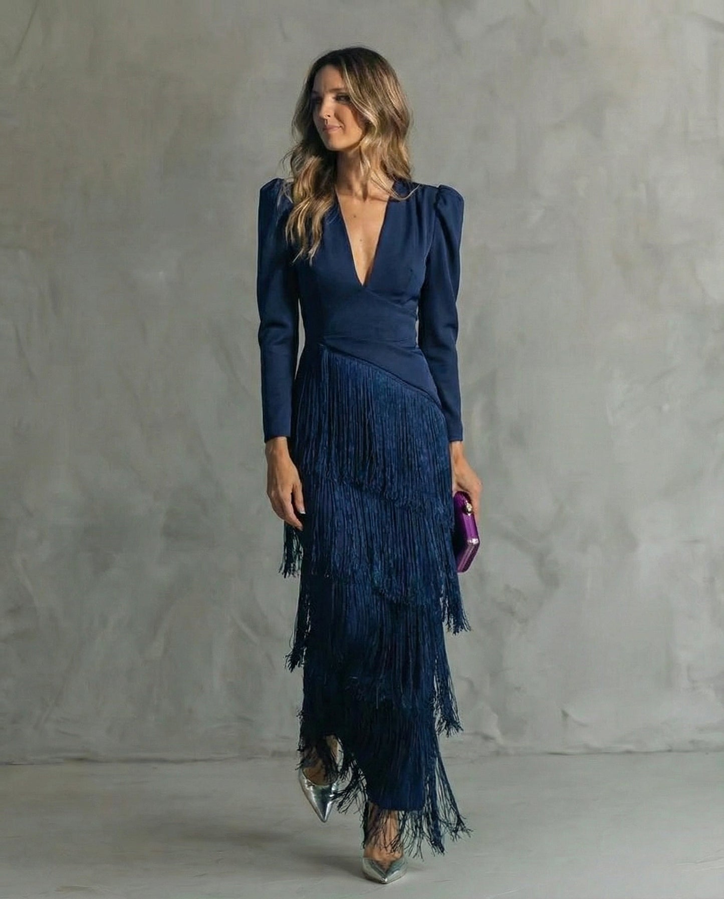 Damen Fransenkleid mit V-Ausschnitt Jully