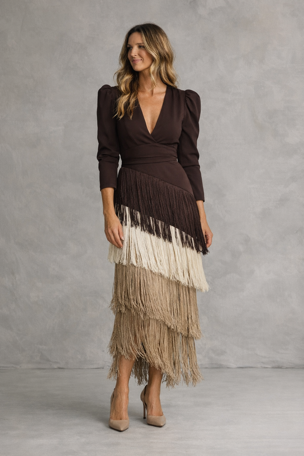 Damen Fransenkleid mit V-Ausschnitt Jully